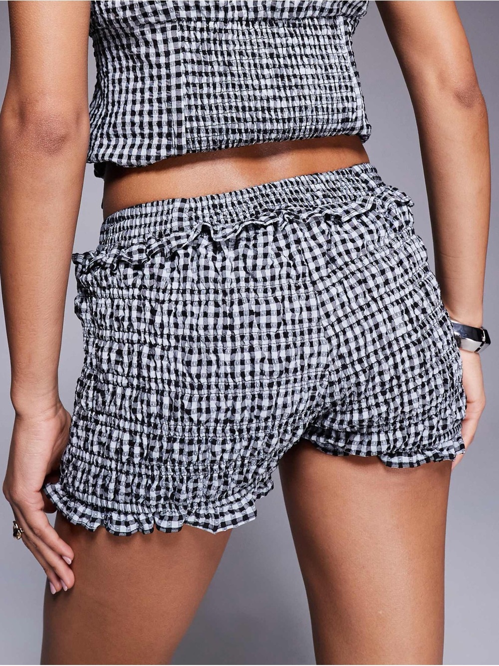 PRINCESS POLLY Covey Shirred Ruffle Bloomer Shorts Black Gingham US 6